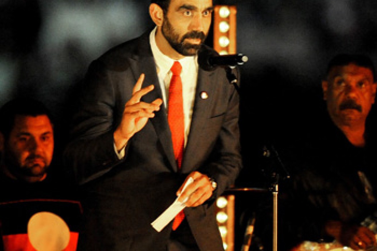 Australian of the Year Goodes addresses fans during the indigenous round this year. Photo: AAP
