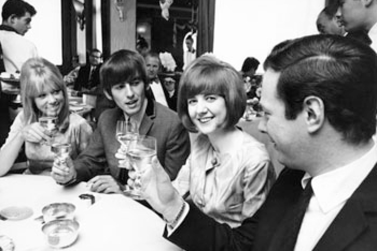 George Harrison, Beatle manager Brian Epstein, Black and her friend Patti Boyd in 1964. Photo: Getty