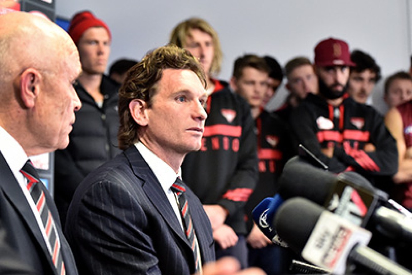 Essendon head coach James Hird holds a press conference to announce that he will be leaving the Essendon Football Club, Tuesday Aug. 18, 2015. (AAP Image/Joe Castro) NO ARCHIVING