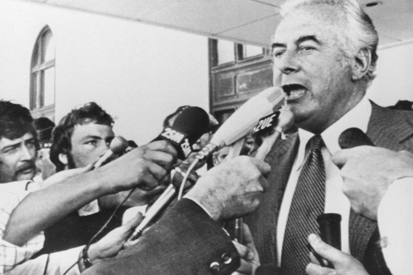 Deposed PM Gough Whitlam tells reporters of his dismissal on November 11, 1975.