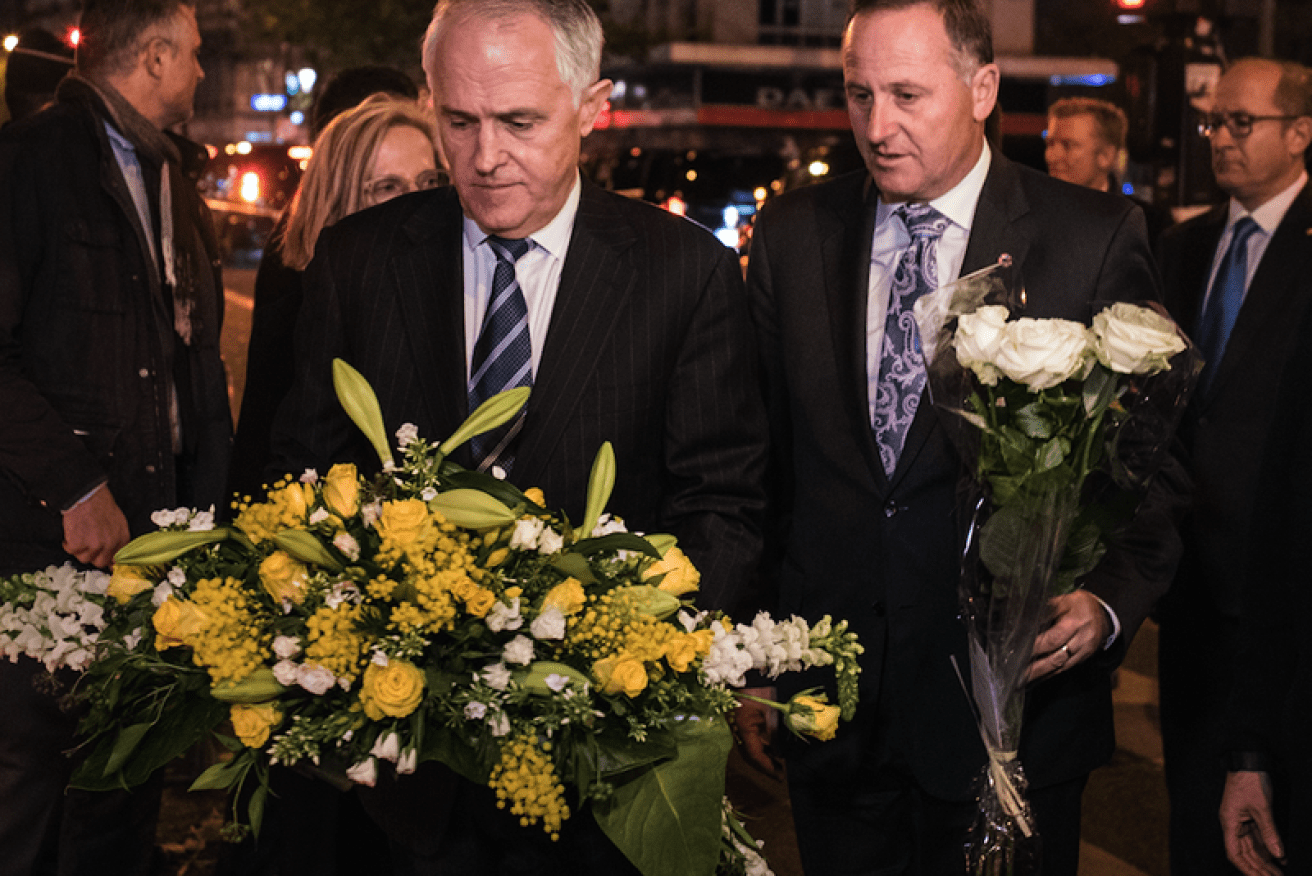 John Key and Malcolm Turnbull at the Bataclan memorial in late 2015, shortly before the G20 summit in Turkey. Photo: Getty.