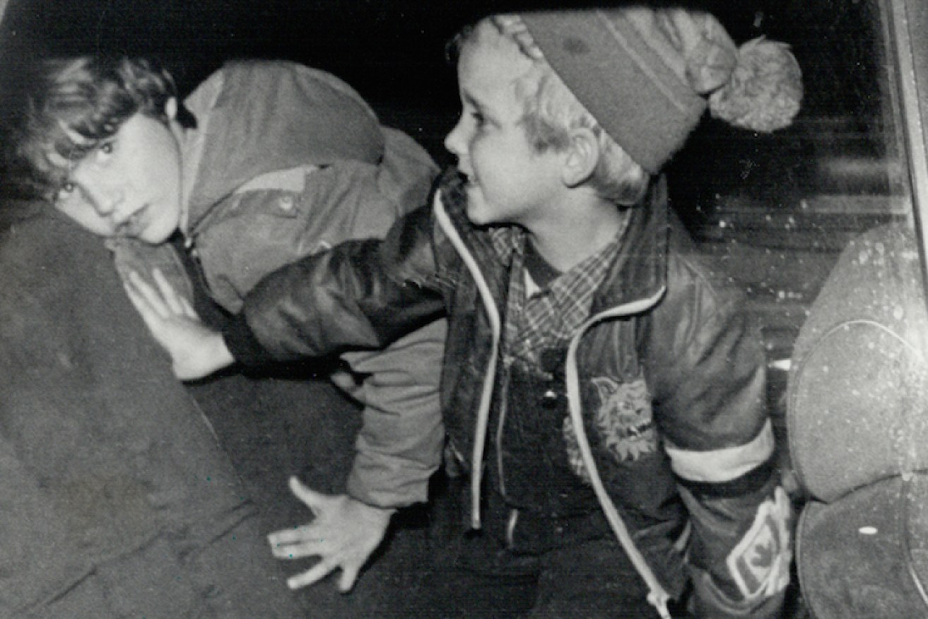 Justin (left) and his brother Michel in the back of their father's car in 1979. Photo: Getty