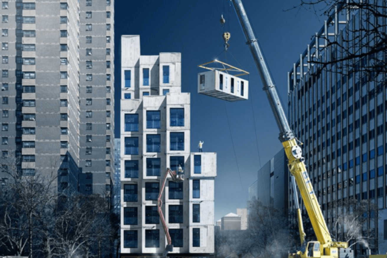 The 'micro-apartments' being assembled in New York. Photo: Camel Place