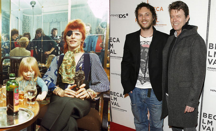 Bowie with his son, Duncan, in 1974 (left) and in 2009. Photo: Getty