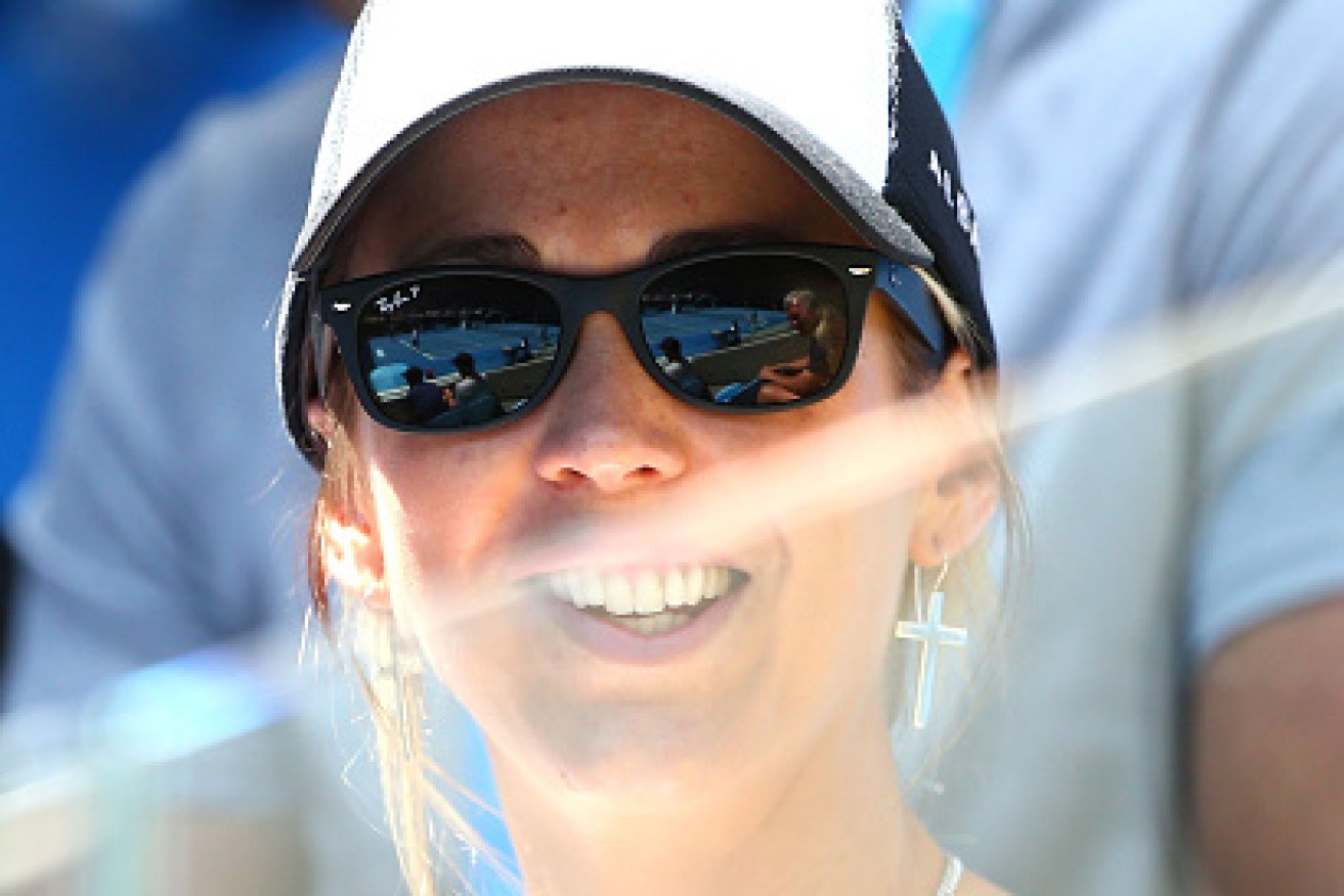 Bec Hewitt looks on at her husband's Australian Open match this year. Photo: Getty