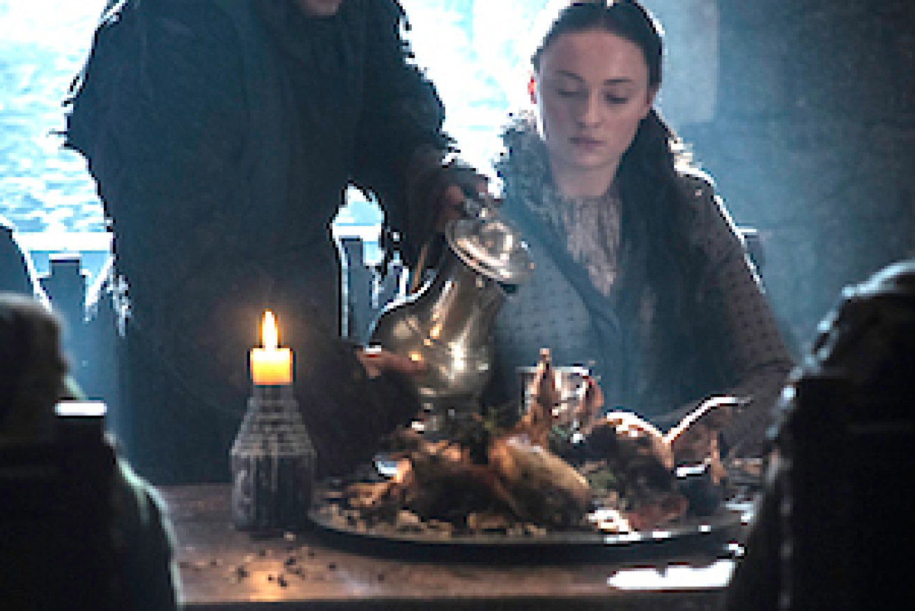 Allen as Theon Greyjoy with co-star Sophie Turner as Sansa Stark. Photo: HBO