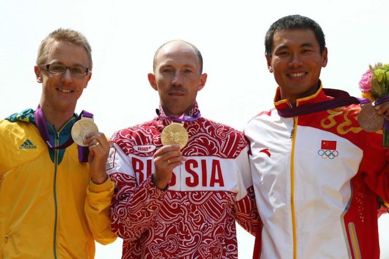 Jared Tallent stands alongside Sergey Kirdyapkin on the medal dais at the 2012 Olympics. Photo: ABC
