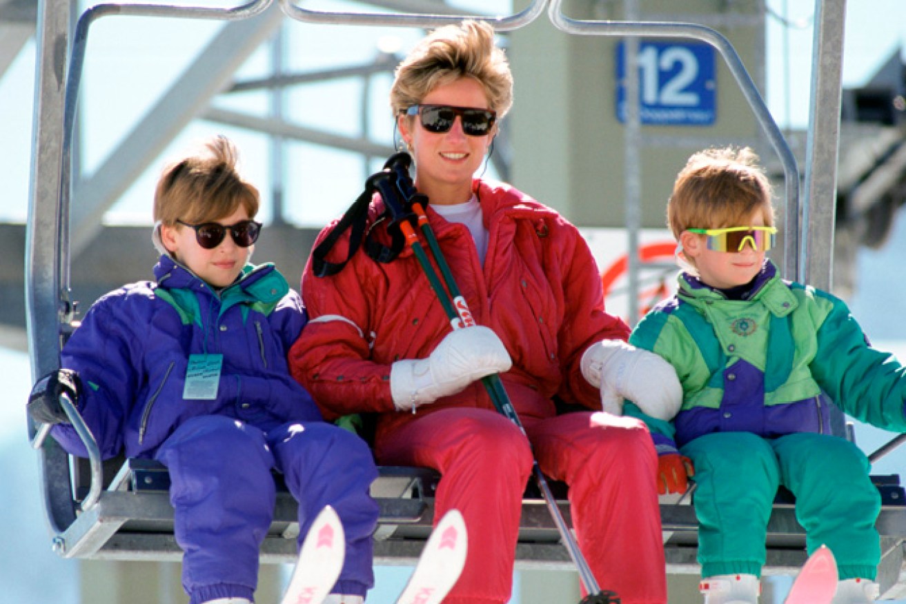 Princess Diana at the ski fields with Harry and William  in 1992.  