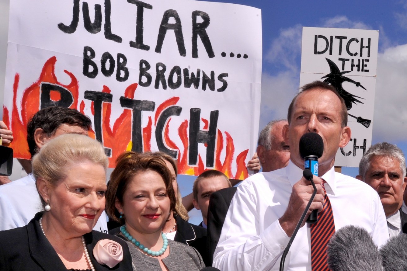 Tony Abbott pounded what he called a carbon tax and unleashed a tsunami of contempt for Julia Gillard. <i>Photo: Getty</i>