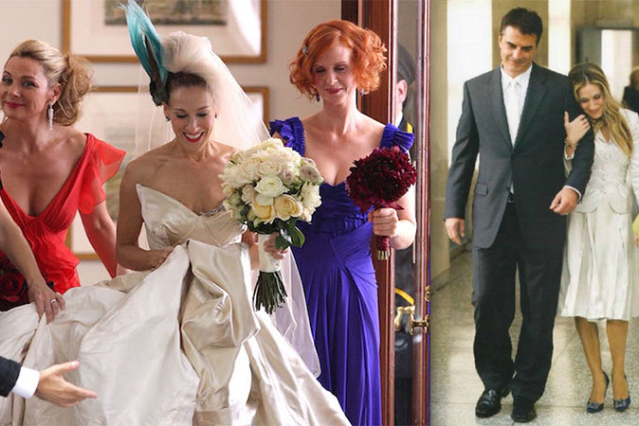In the Sex and the City film, Carrie Bradshaw dreamed of an extravagant wedding dress (left), but ended up tying the knot in a simple skirt-suit. 