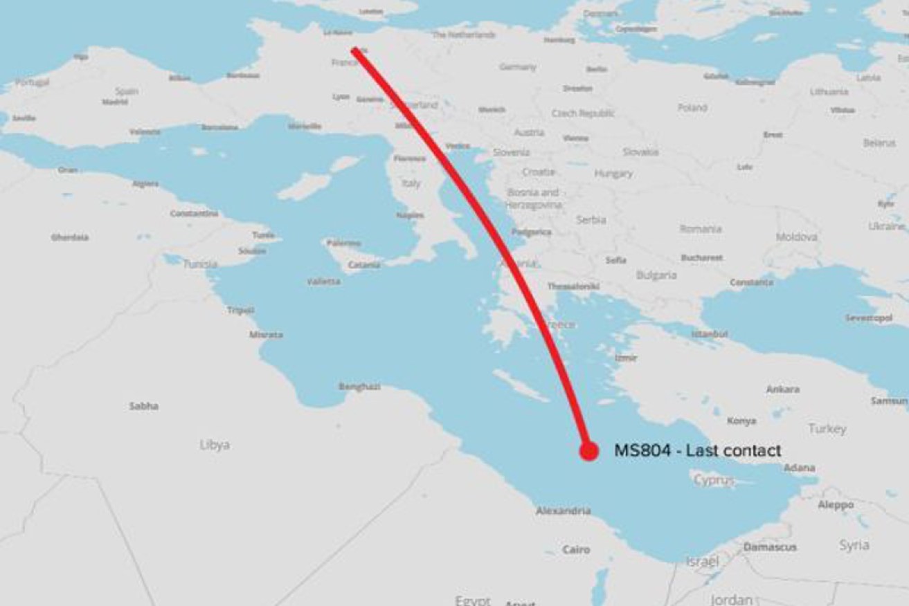 The flight path and last known location of EgyptAir flight MS804.