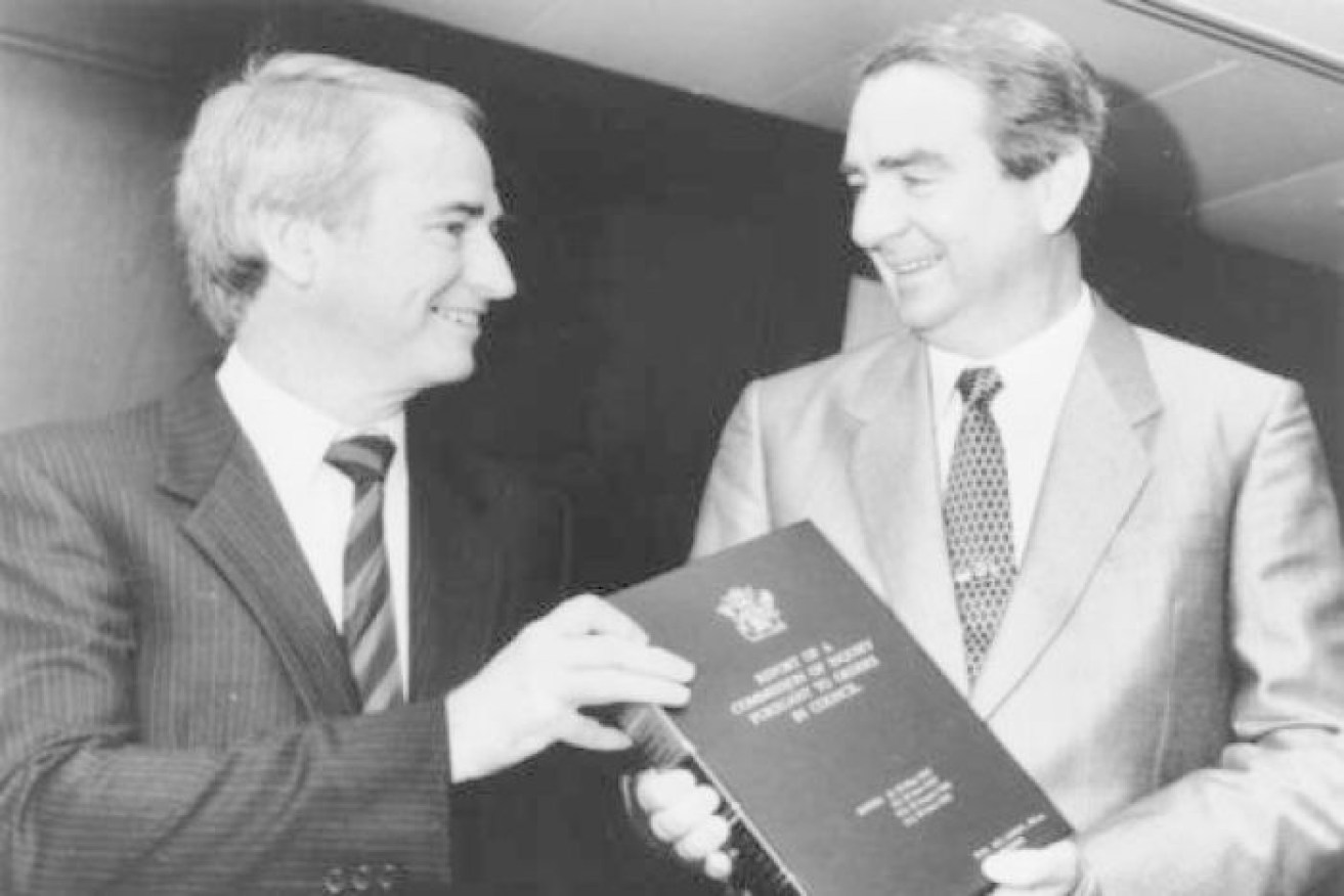 Tony Fitzgerald handed over his report on corruption to then-Queensland premier Mike Ahern in 1989.

