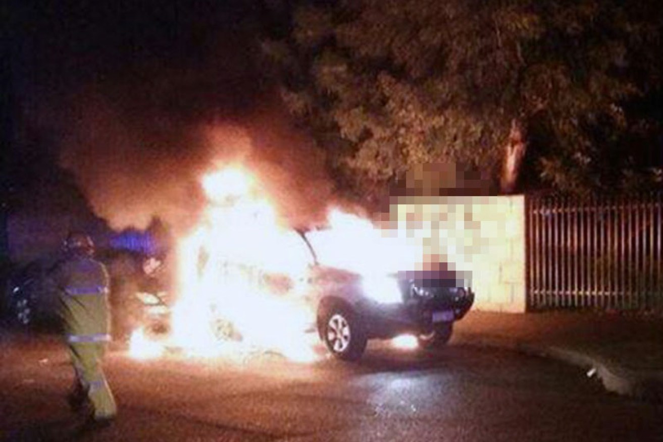 nti-Islamic graffiti and a burnt out car seen outside the Thornlie Mosque. Photo: AAP