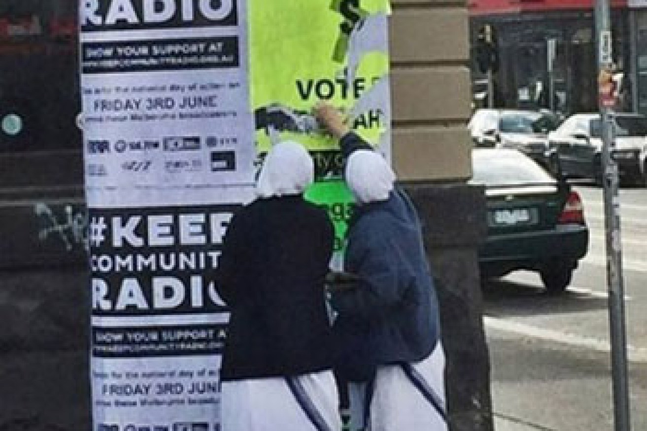Nuns from the Missionaries of Charity caught defacing posters. Photo: Instagram
