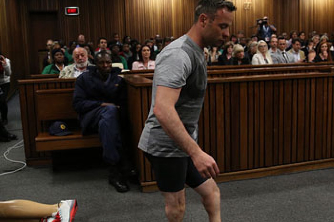 Pistorious sobbed as he attempted to demonstrate his disability in court. Photo: Getty