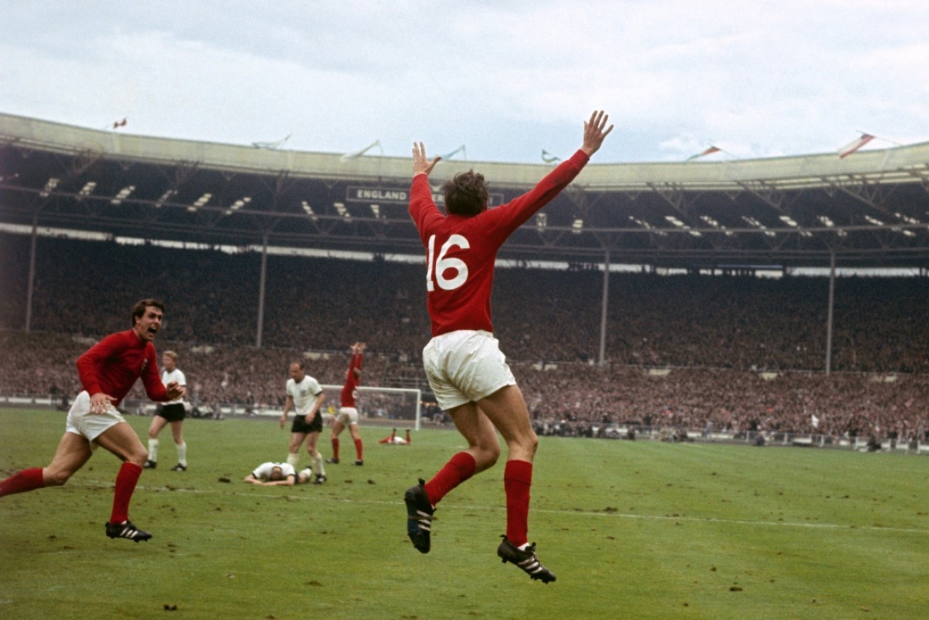 England's Martin Peters celebrates scoring a goal in the 1966 World Cup final.
