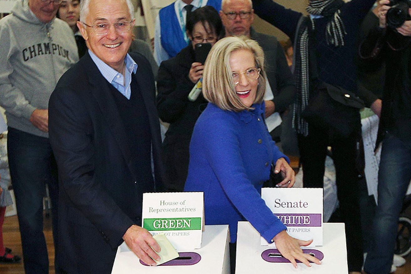 Malcolm Turnbull and wife Lucy cast their votes in the double-dissolution election held on Saturday, July 2, 2016. 