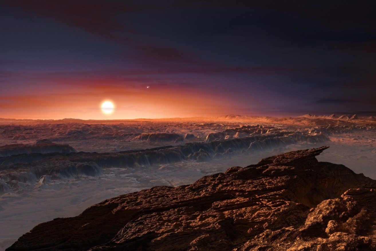 An artist's impression of a view of the surface of the planet Proxima b, the closest star to the Solar System.