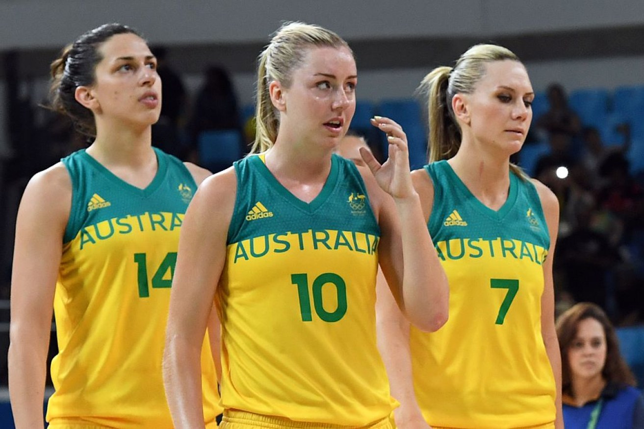 Devastated Aussies Marianna Tolo, Rachel Jarry and Penny Taylor after losing to Serbia.