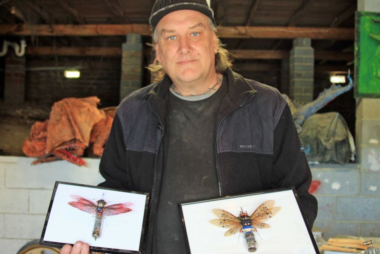 Steve Wakeling turns old DVD and VCR players into insect sculptures.