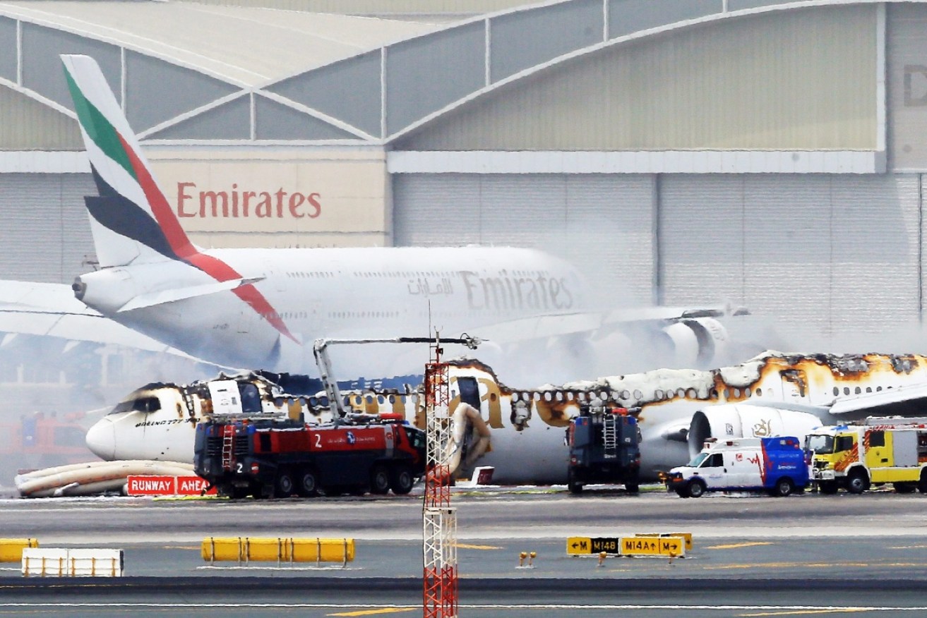 The burned-out wreckage of the Emirates Boeing 777 that crash landed in Dubai.