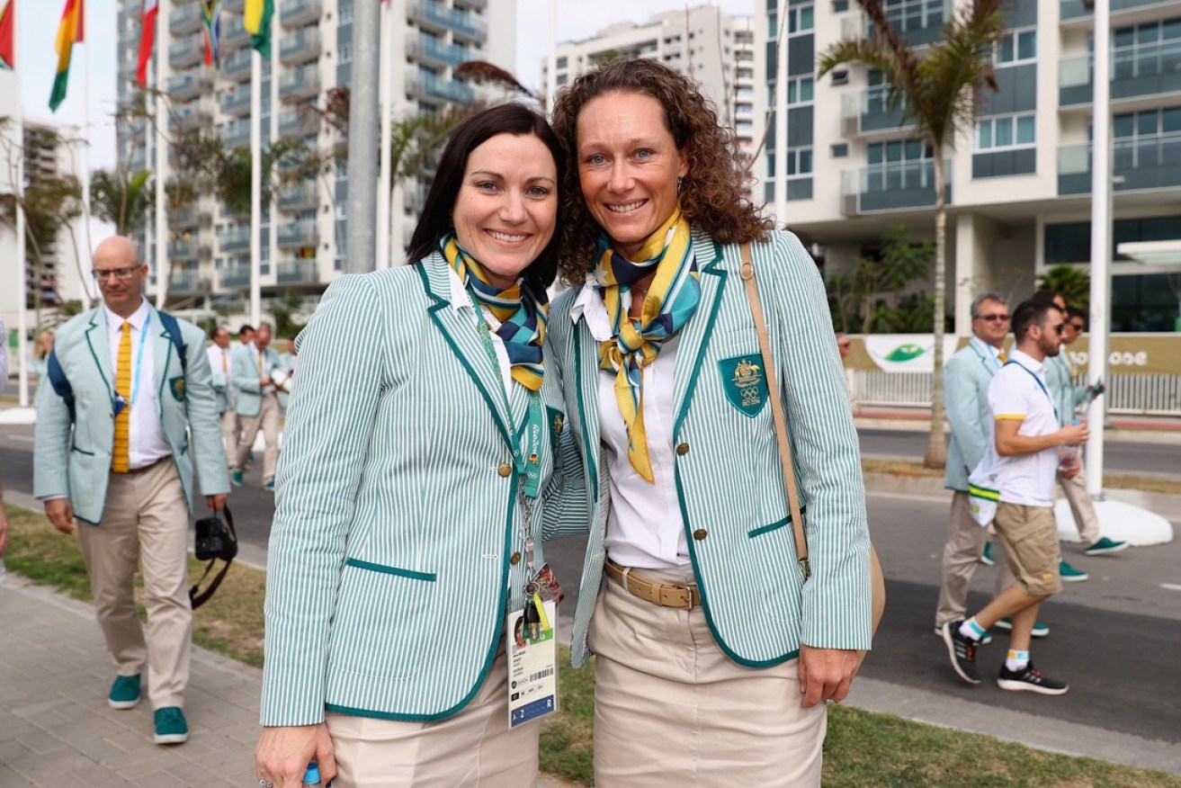 Meares and Samantha Stosur pose at the Olympic Village.