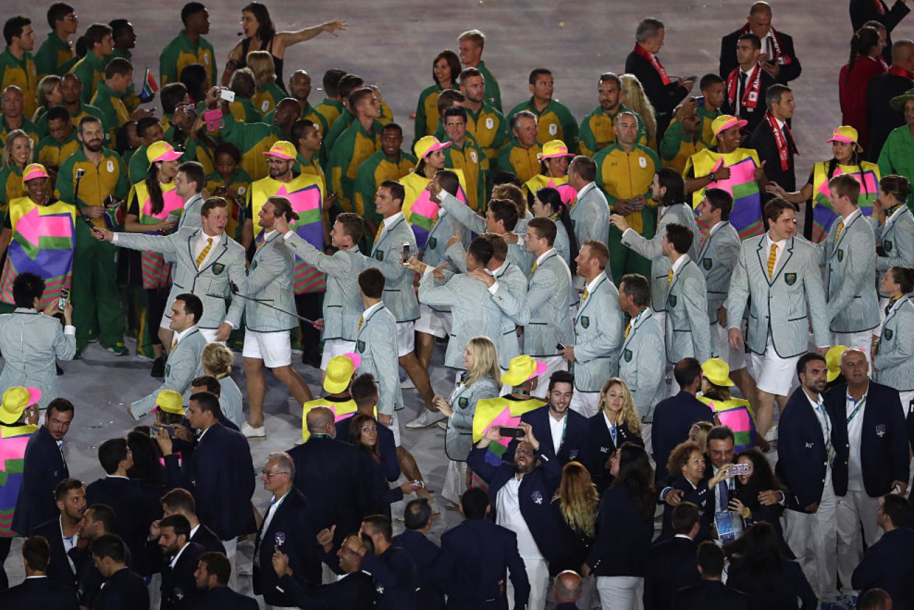 Members of the Australia team enter the stadium during the Opening Ceremony of the Rio Games.
