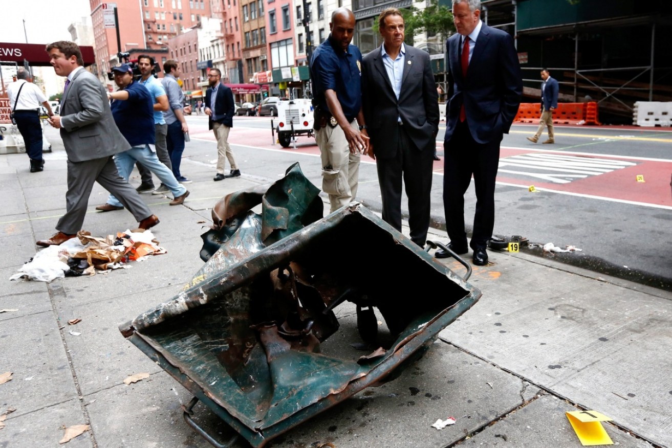 The remains of a mangled dumpster after an explosion in the Chelsea neighbourhood of New York.
