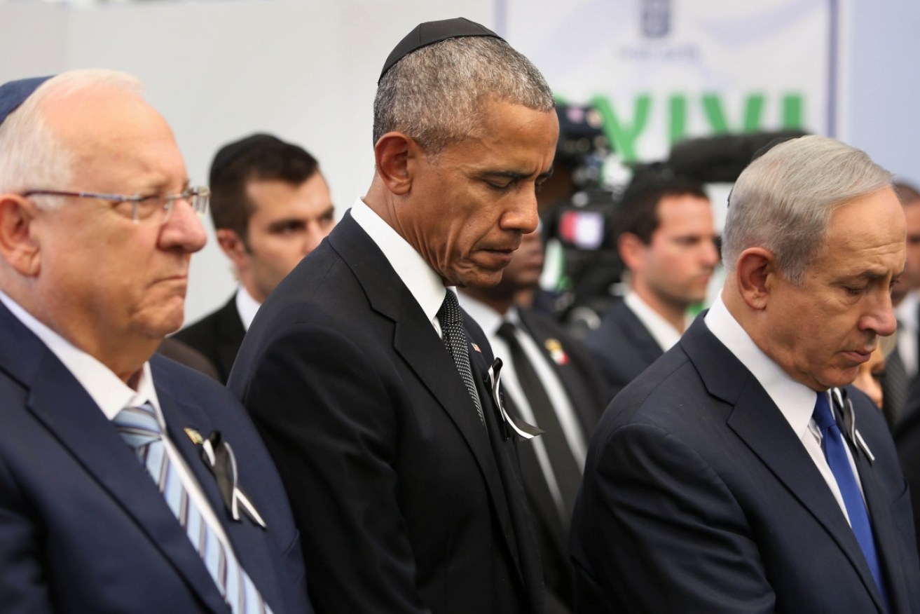 Israeli President Reuven Rivlin, US President Barack Obama and Israeli Prime Minister Benjamin Netanyahu during the funeral of former Israeli president and prime minister Shimon Peres.