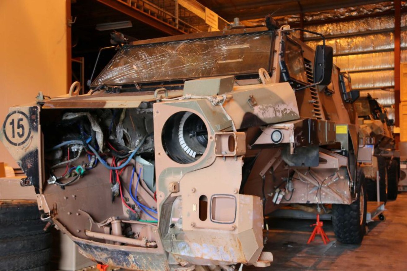 A Bushmaster protective mobility vehicle damaged during conflict in Afghanistan.