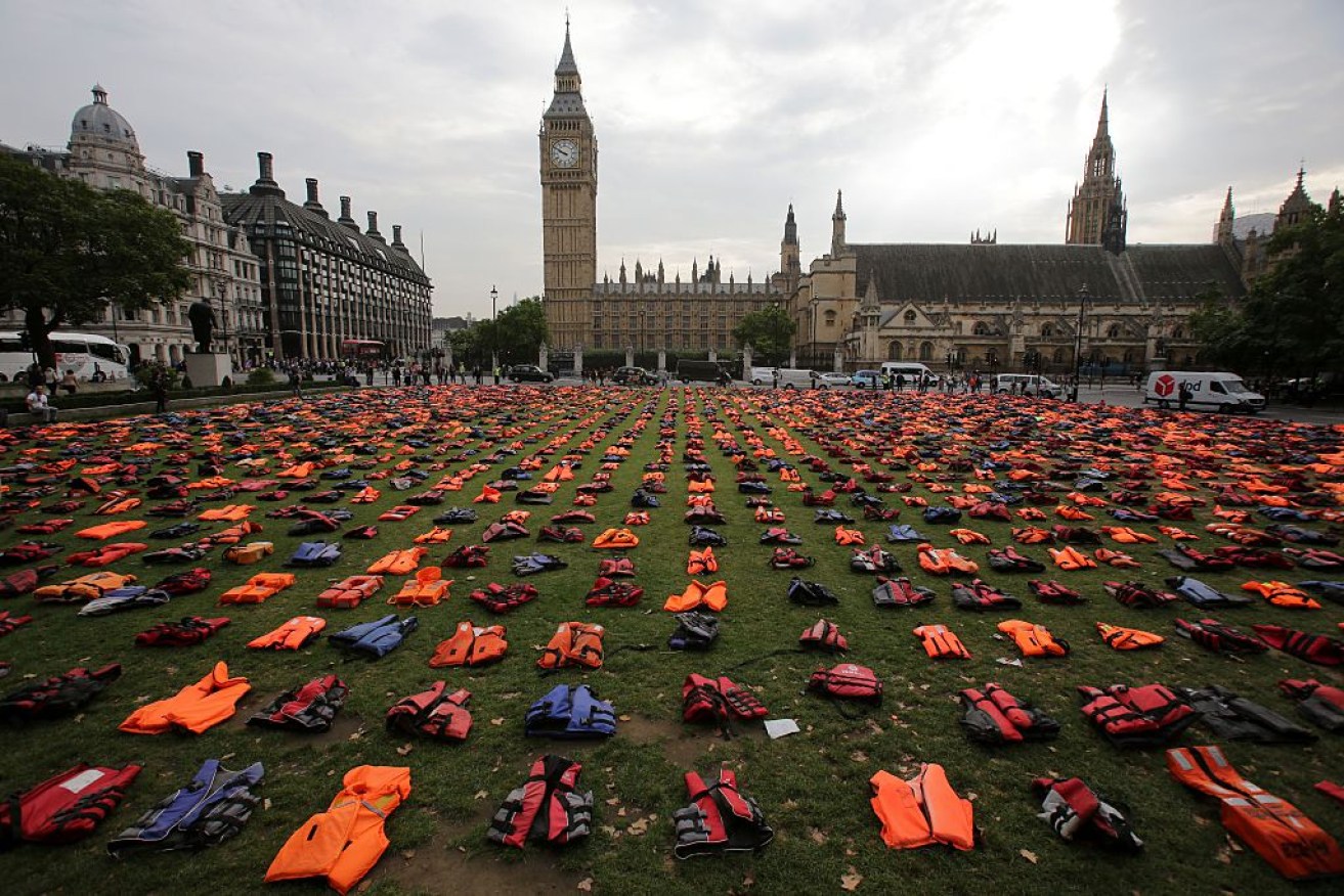 Some of the 2500 life jackets, worn by refugees during crossings from Turkey to the Greek island of Chios.