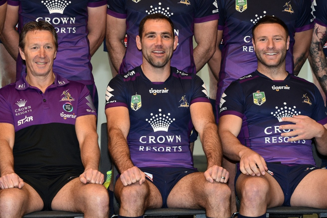 Craig Bellamy, Cameron Smith and Blake Green are all smiles ahead of the NRL grand final.