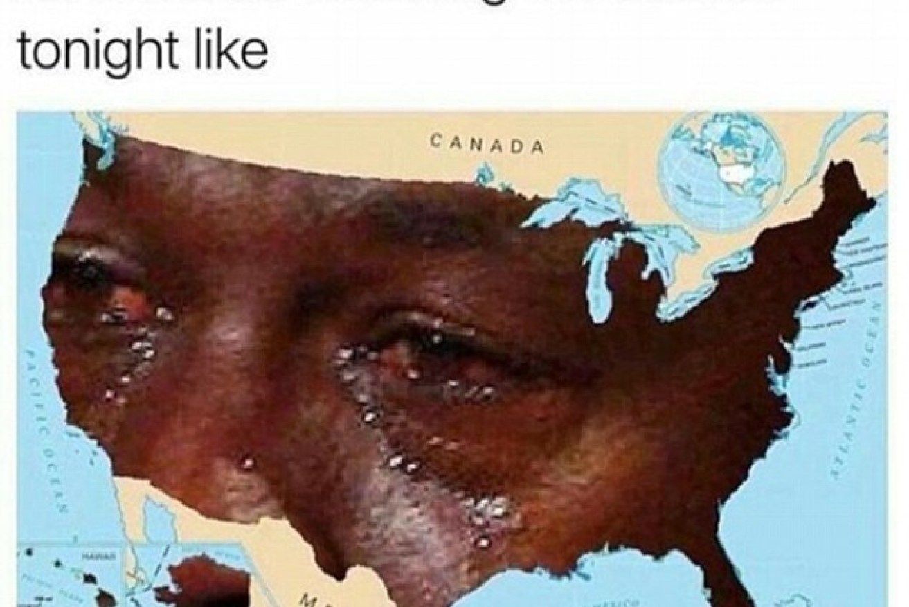 The famous picture of Michael Jordan crying, overlaid on a map of the US. 