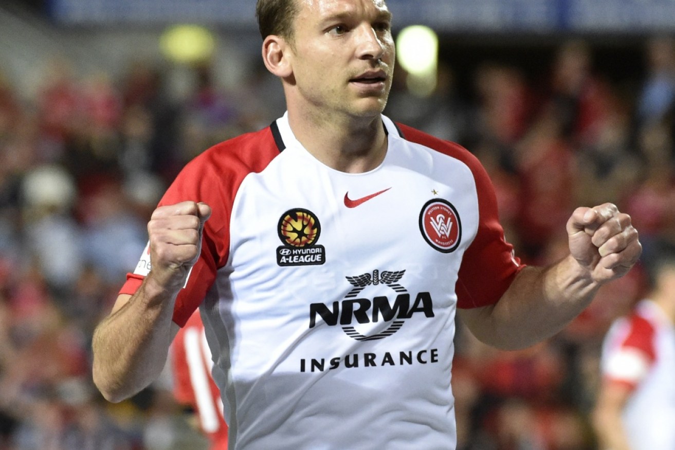 Super sub Brendon Santalab celebrates one of his two goals for Western Sydney/