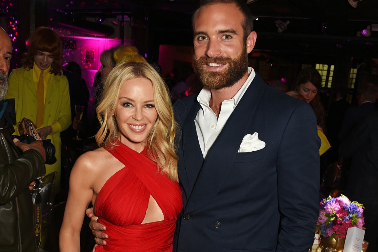 Kylie Minogue (L) and Joshua Sasse at the World Premiere after party of Absolutely Fabulous: The Movie.