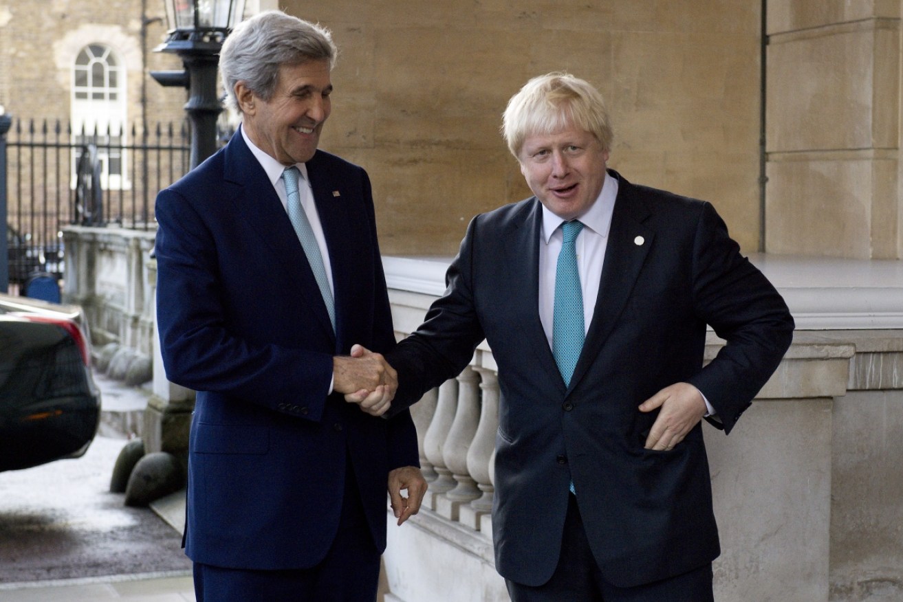Smiles going in to today's meeting – but John Kerry (left) and Boris Johnson expressed frustration over Syria afterwards.
