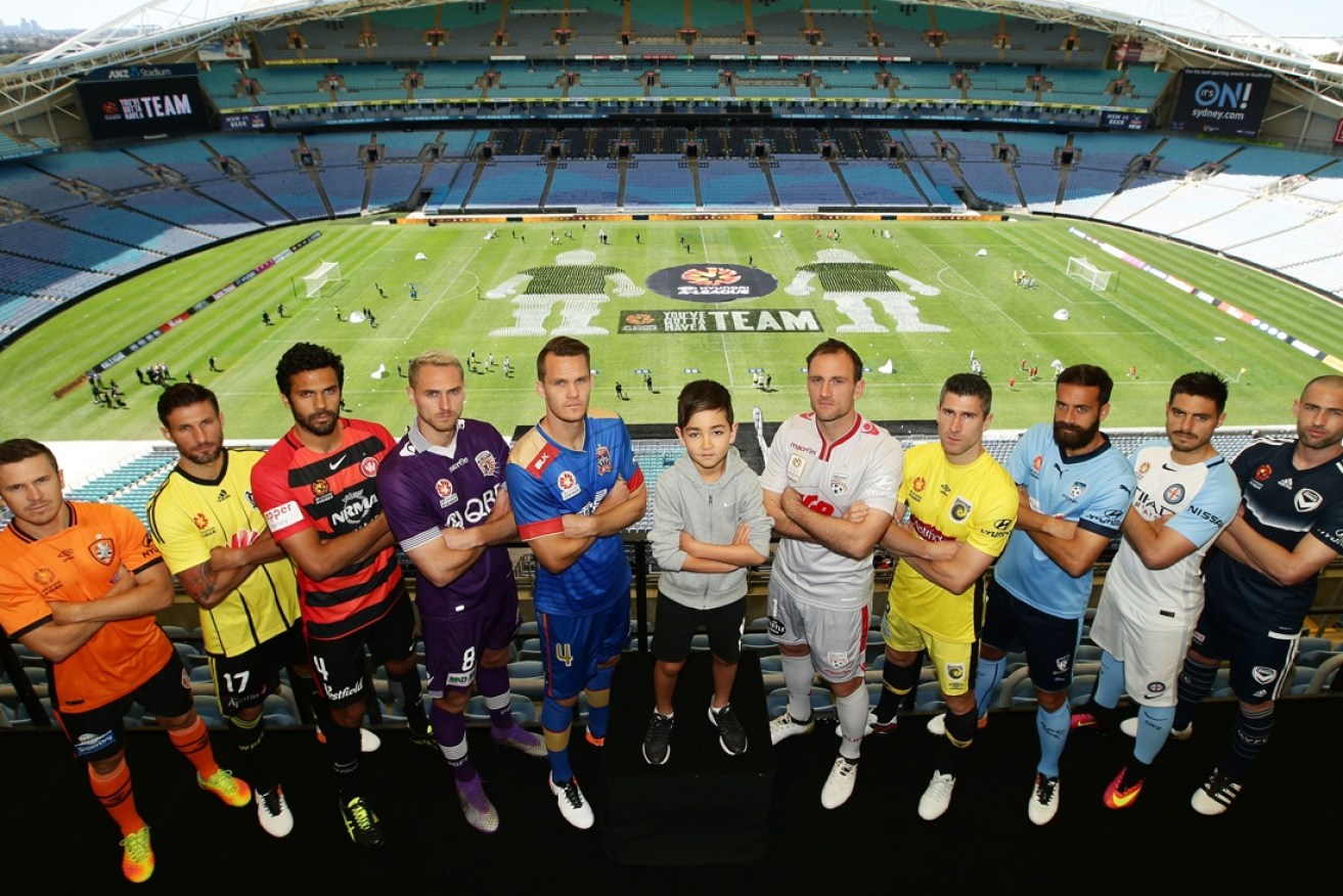 The 10 A-League captains pose with the star of their promotional campaign.