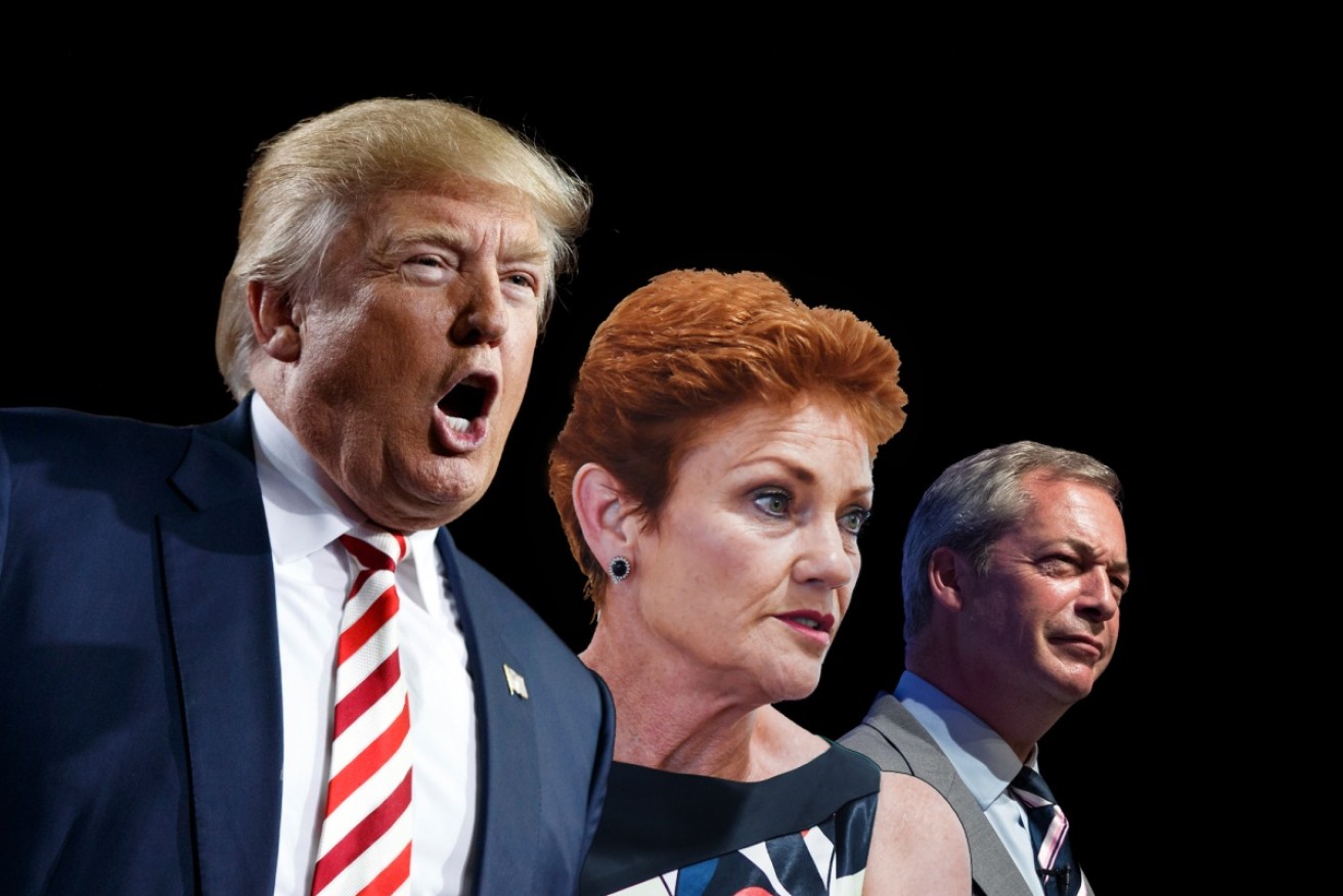 (L-R) Donald Trump, Pauline Hanson and Nigel Farage.