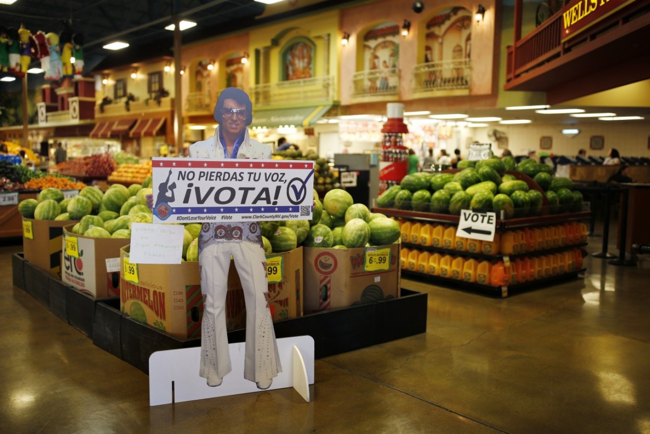 A sign in a Las Vegas supermarket saying "Don't Lose Your Voice, Vote!".