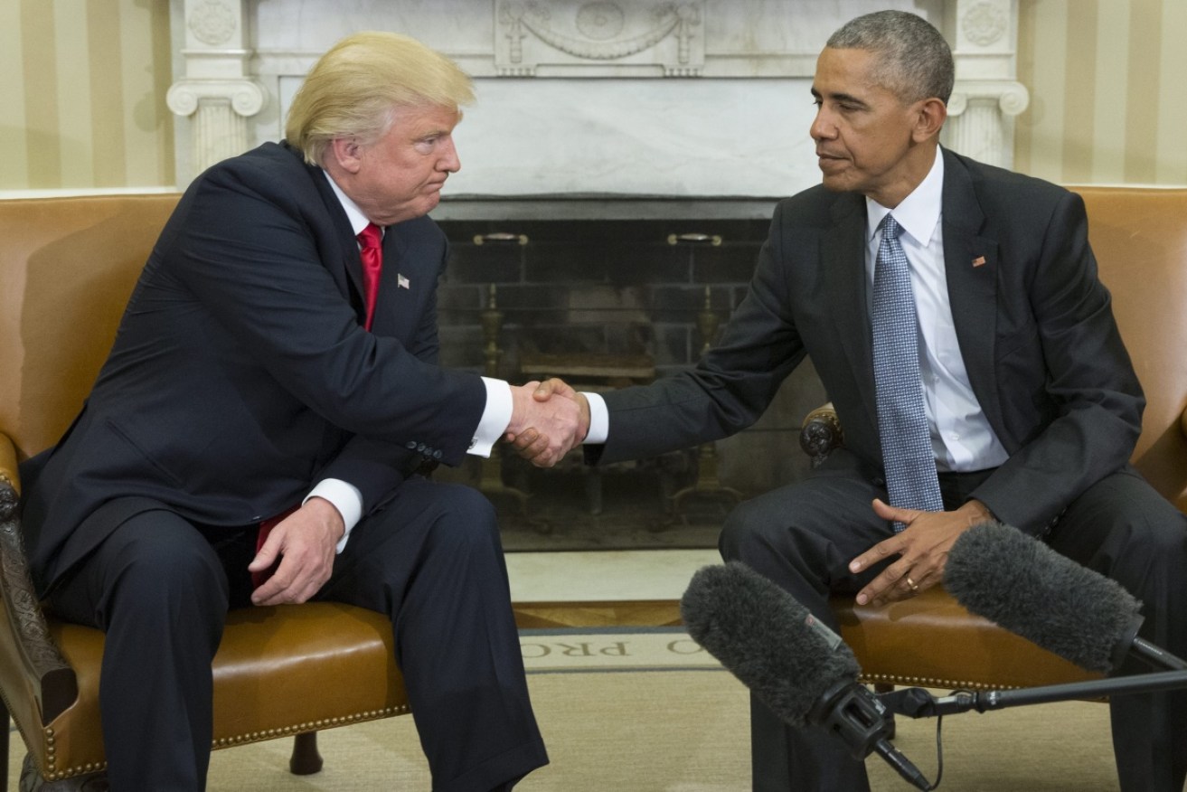 The awkward hand–shake in the Oval Office after Donald Trump's win. 