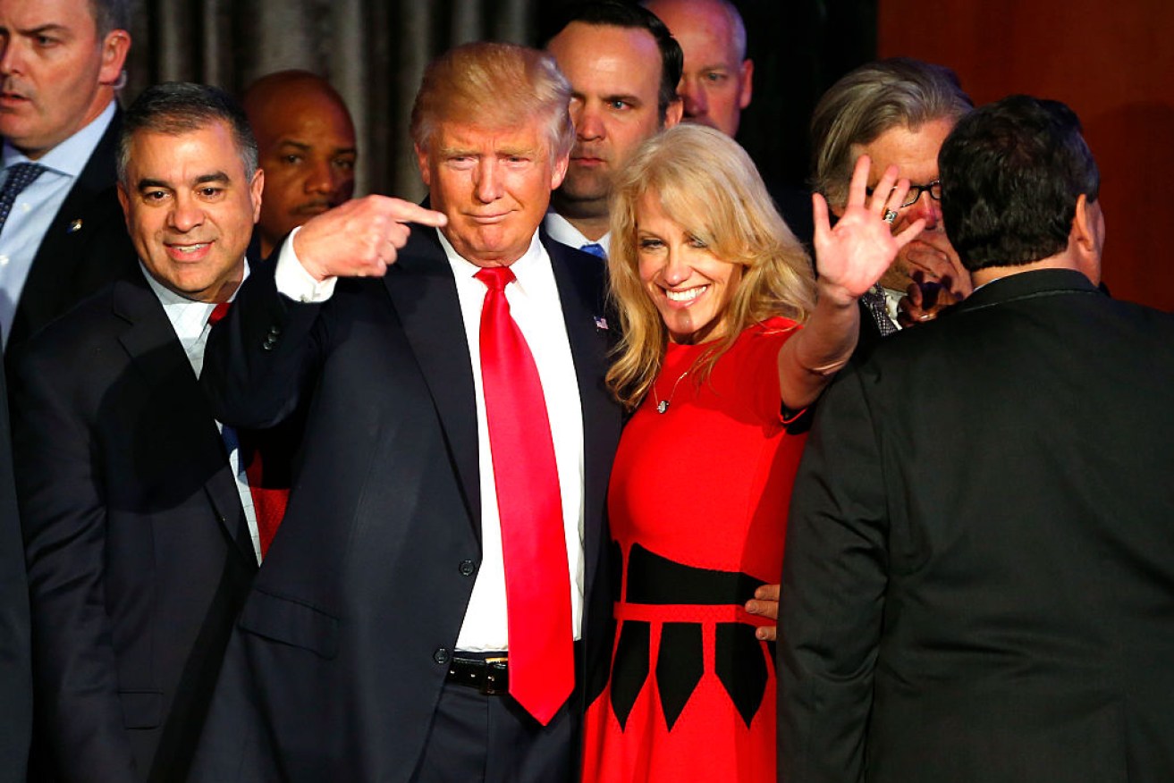 On election day in 2016. Donald Trump celebrates with campaign manager Kellyanne Conway. 