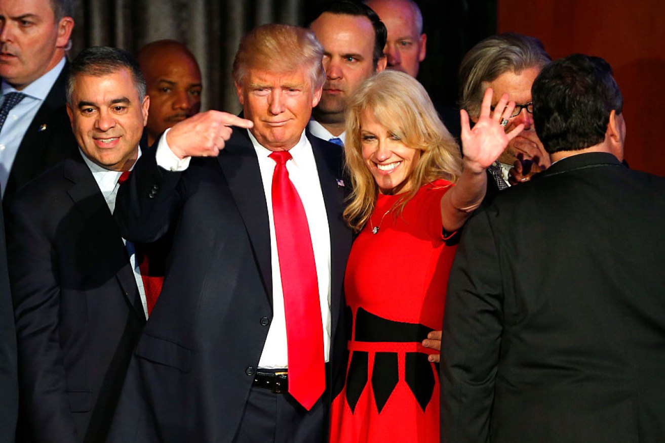 On election day in 2016. Donald Trump celebrates with campaign manager Kellyanne Conway.