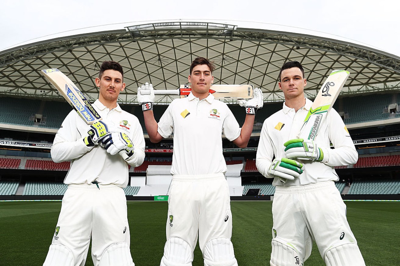 ADELAIDE, AUSTRALIA - NOVEMBER 22:  (L-R) Nic Maddinson, Matt Renshaw and Peter Handscomb of Australia pose during a portrait session at Adelaide Oval on November 22, 2016 in Adelaide, Australia.  (Photo by Ryan Pierse/Getty Images)