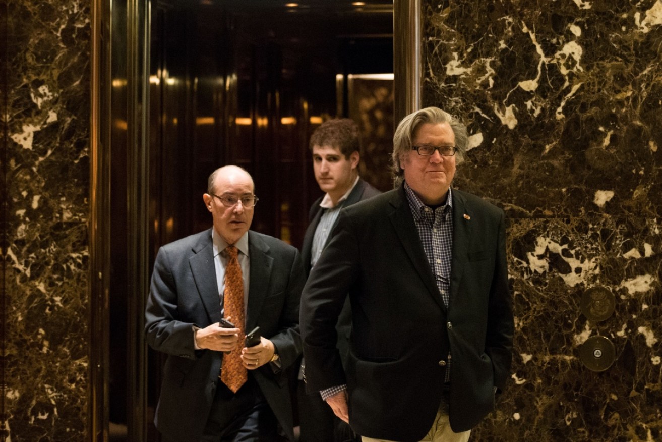 Trump campaign CEO Stephen Bannon in the lobby of Trump Tower as the President–elect made his first staffing decisions.