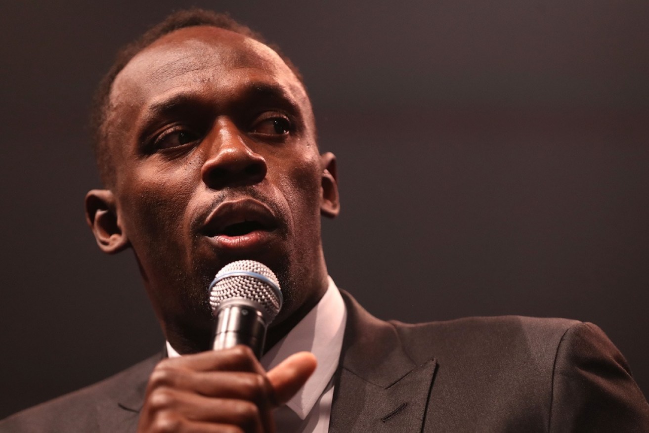 Usain Bolt speaks at a Melbourne function earlier this month.