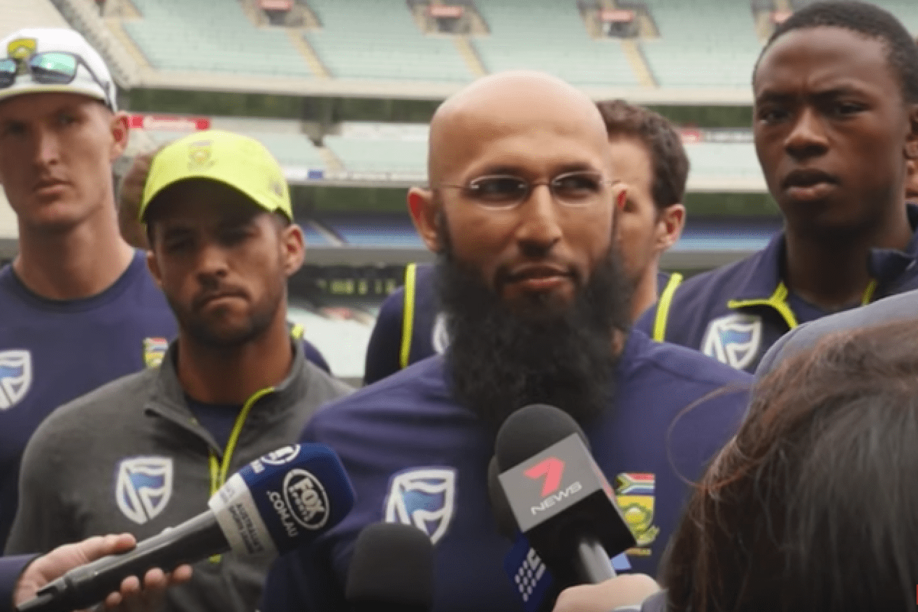 Hashim Amla defends the ball-tampering case at a press conference earlier this week.