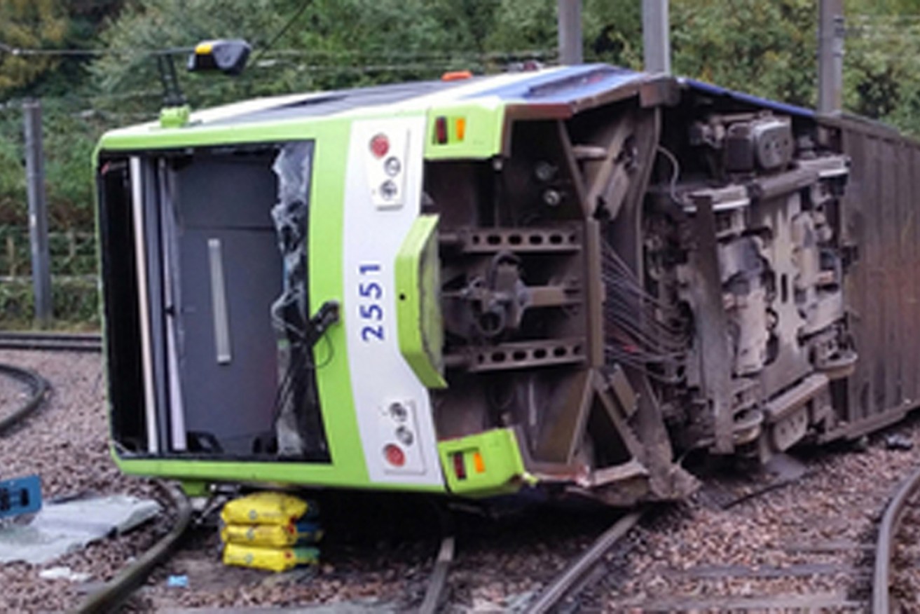 The overturned London tram, which killed seven and injured more than 50 people. 