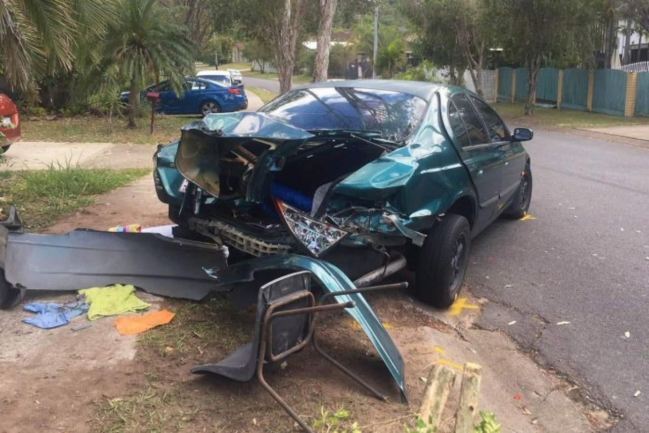 The car at the scene of the accident in Springwood on Monday morning.
