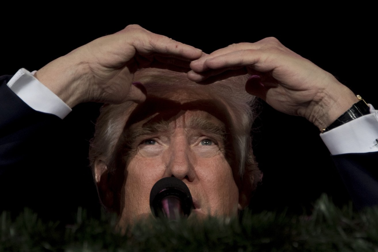 Donald Trump looks out to the crowd, perhaps searching for ''deplorables'', during a rally in Florida.