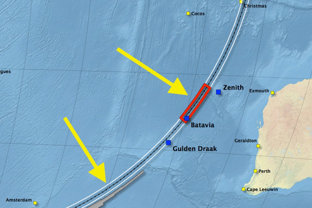 Top arrow is the independent investigator search area, bottom arrow is ATSB search area.